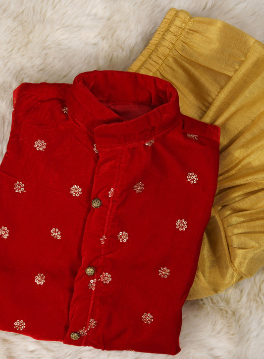 Velvet red and gold color kurta dhoti ethnic wear for baby boy