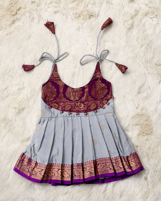 Rukmini - Steel Grey with deep pink pattu silk ethnic wear for baby girl