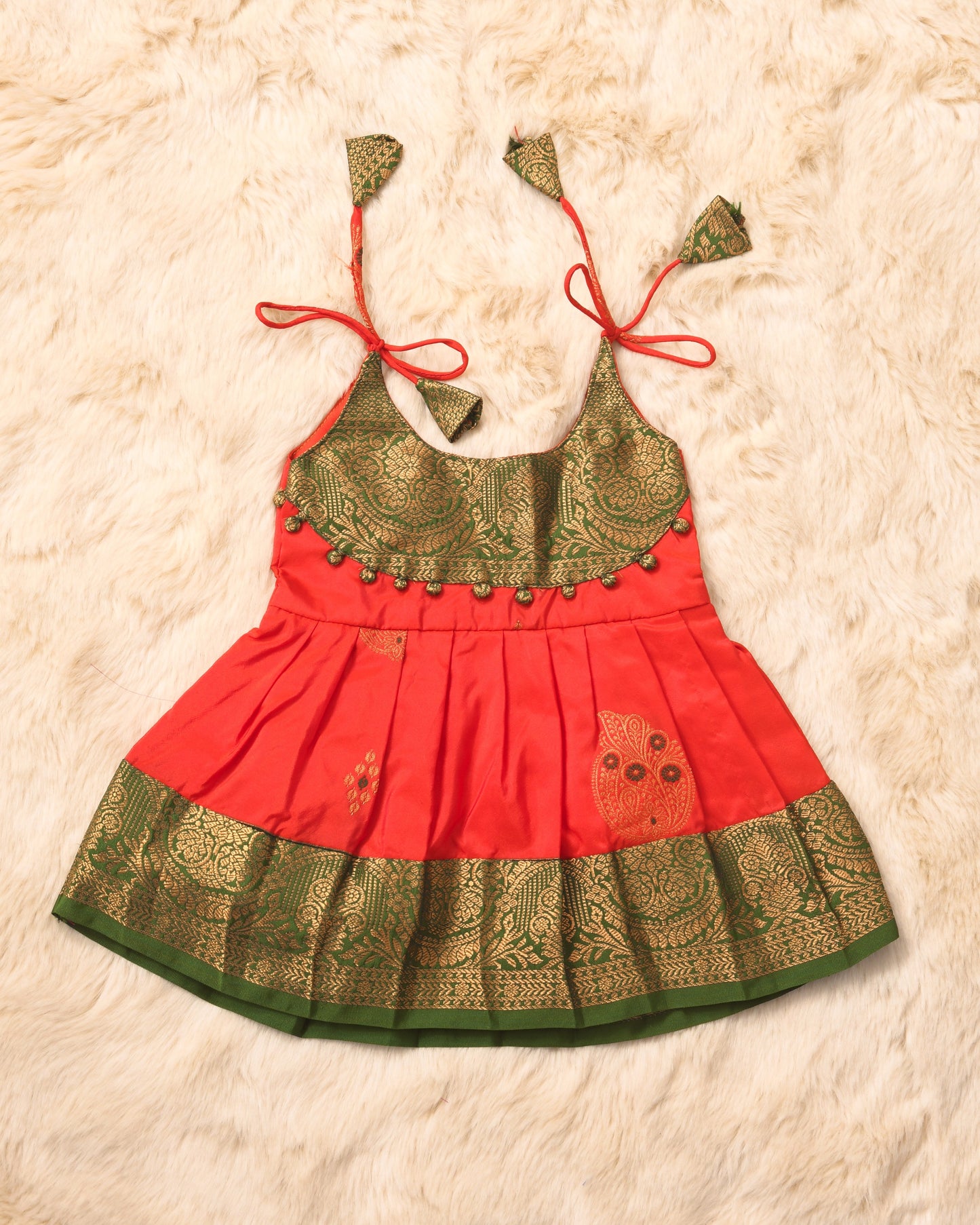 Adi lakshmi - Traditional Orange and bottle green pattu silk ethnic wear for baby girl