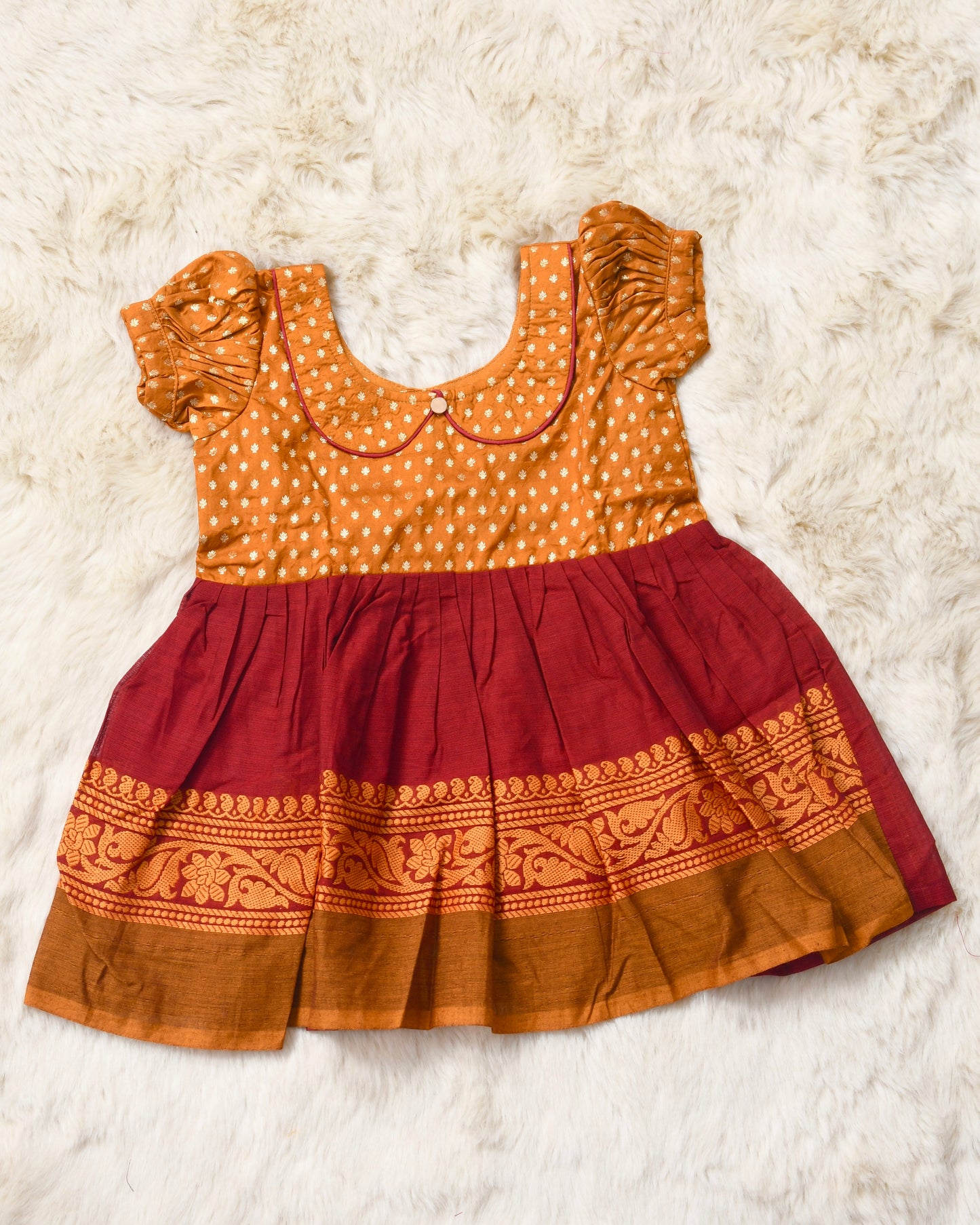 Kanchi mud with brick Brown (collar) - Kanchi Cotton South Indian Ethnic Frock for Baby Girl