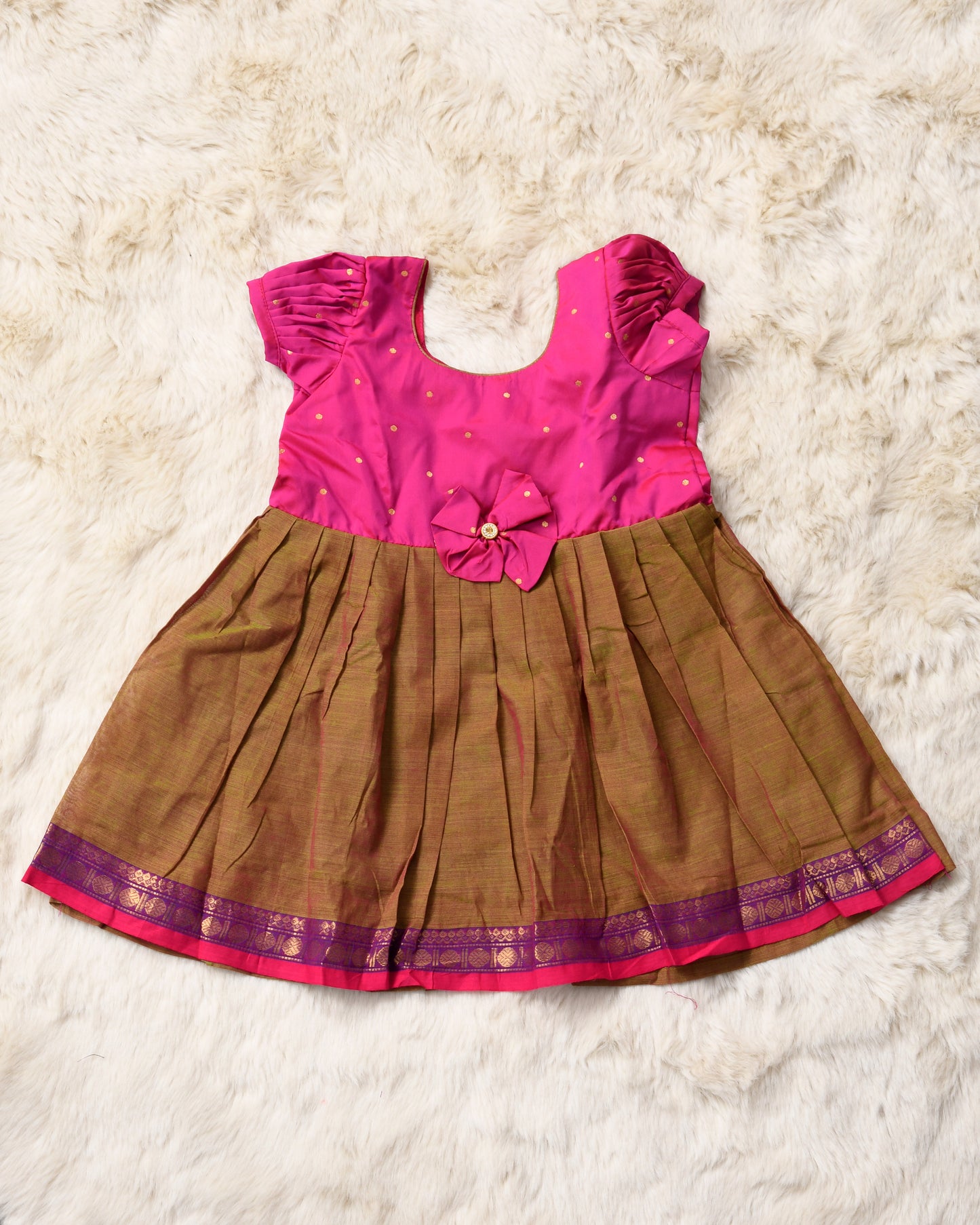 Pink with khadi brown (bow) - Kanchi Cotton South Indian Ethnic Frock for Baby Girl