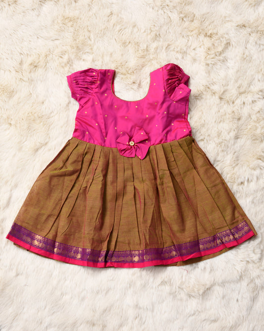 Pink with khadi brown (bow) - Kanchi Cotton South Indian Ethnic Frock for Baby Girl