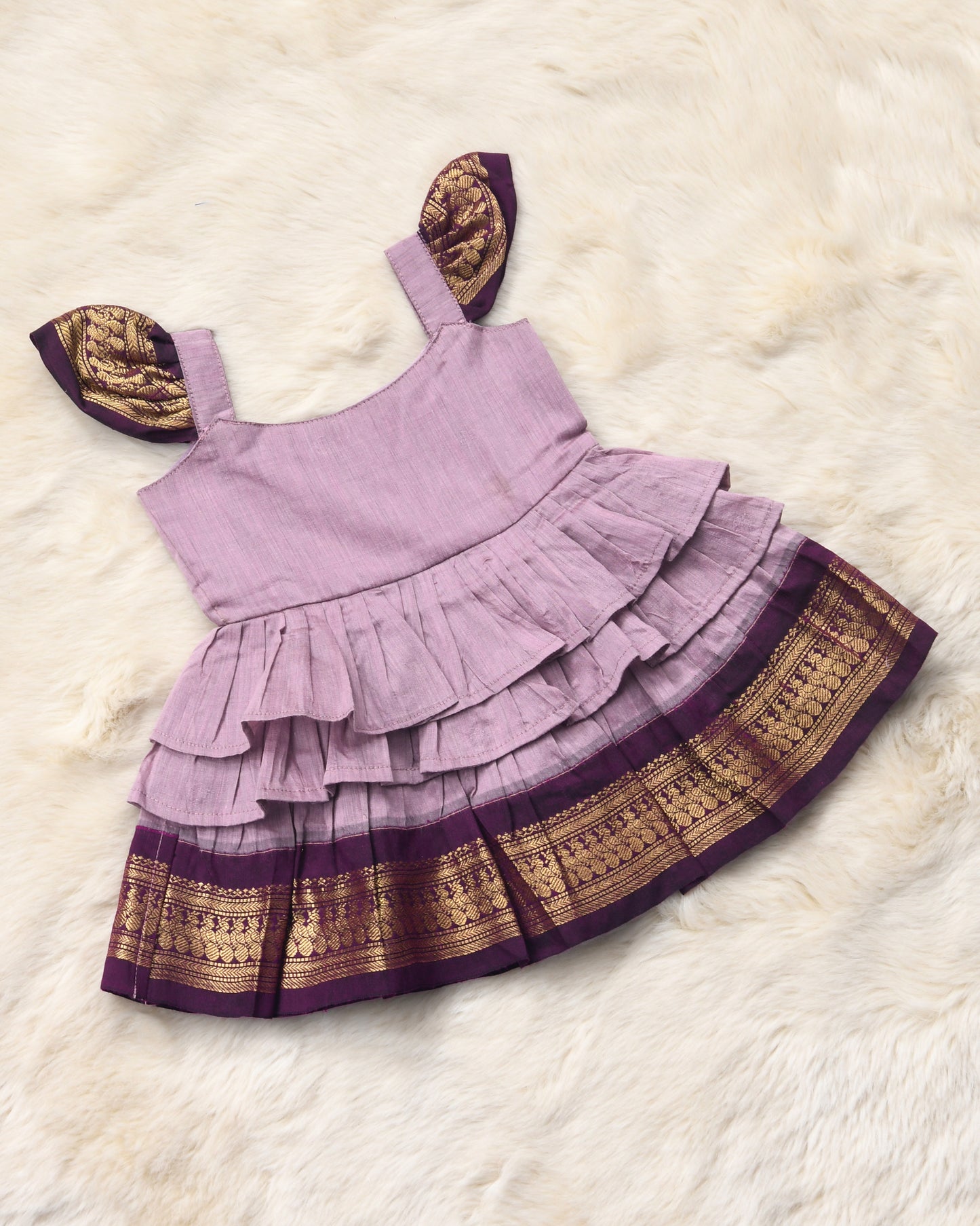 Lavender with wine - Cotton Silk 3 Layered South Indian Ethnic Frock for Baby Girl