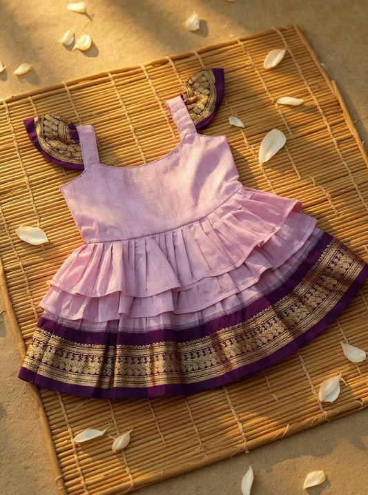 Lavender with wine - Cotton Silk 3 Layered South Indian Ethnic Frock for Baby Girl