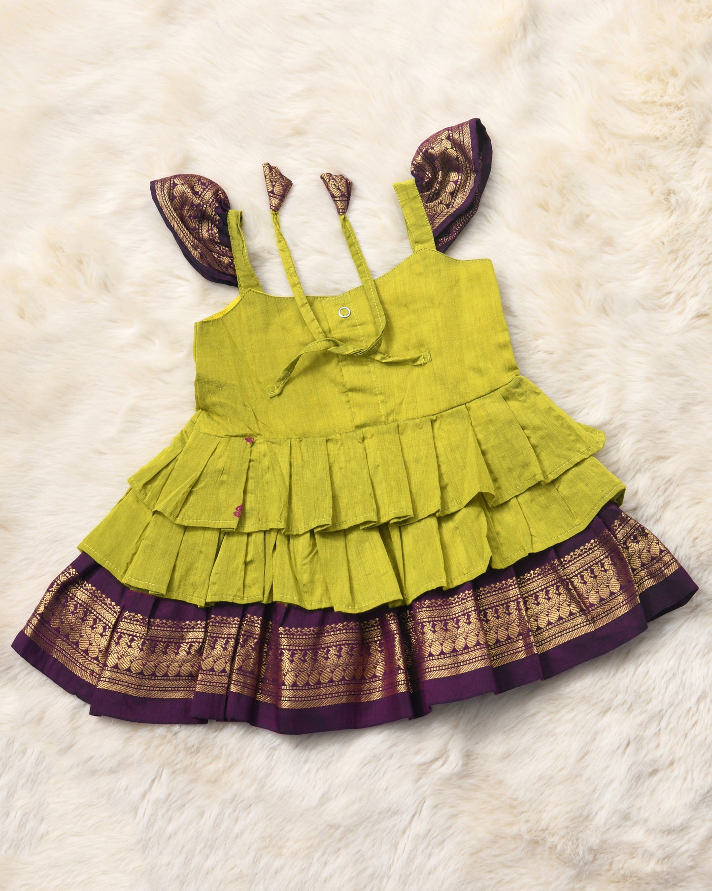 Green with wine - Cotton Silk 3 Layered South Indian Ethnic Frock for Baby Girl