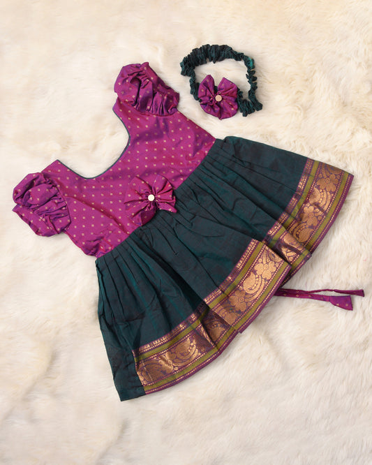 Deepest green with dark pink (bow) - Kanchi Cotton South Indian Ethnic Frock for Baby Girl