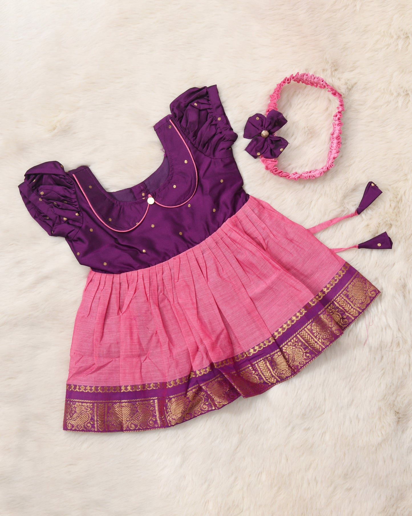 Wine with pretty pink (Collar)  - Kanchi cotton ethnic Wear Frock for Baby Girl