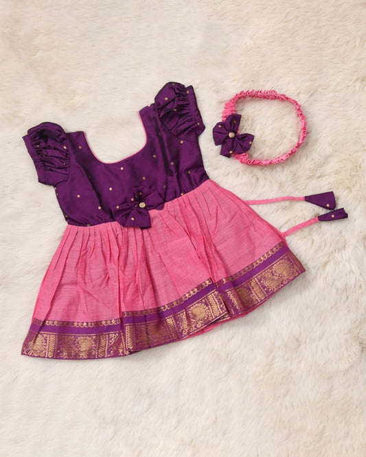 Wine with pretty pink (Bow)  - Kanchi cotton ethnic Wear Frock for Baby Girl