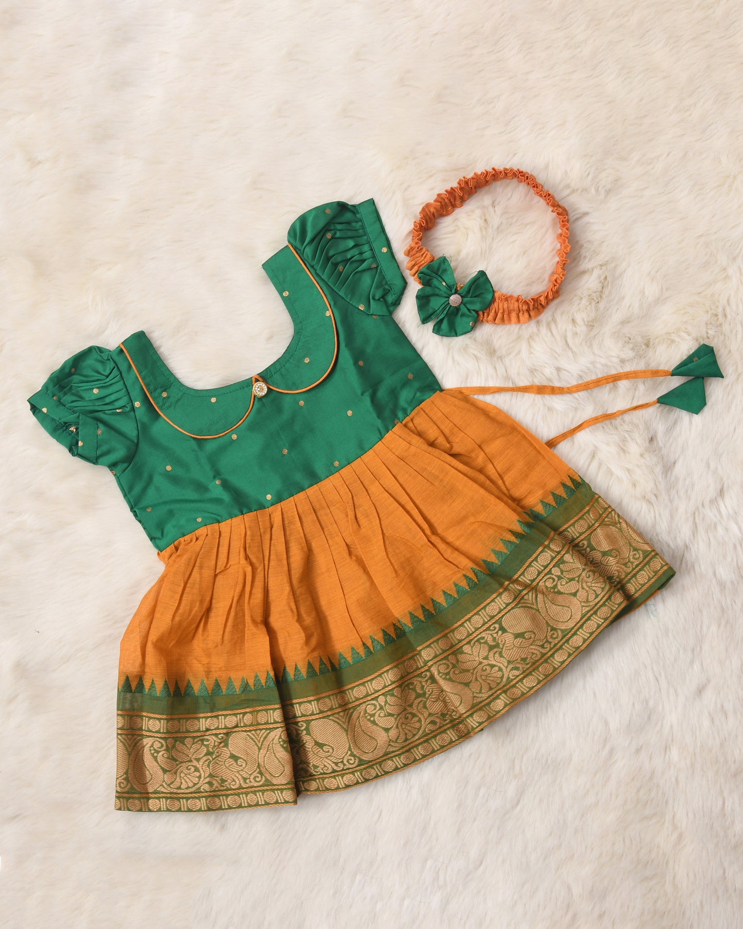 Turmeric yellow and festive green - Kanchi cotton ethnic Wear Frock for Baby Girl