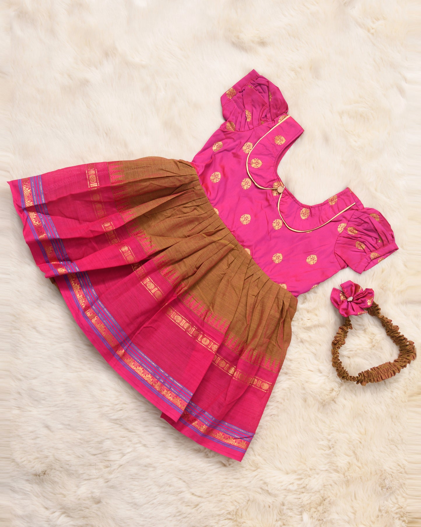 Vintage pink with khadi brown (collar) - Kanchi Cotton South Indian Ethnic Frock for Baby Girl