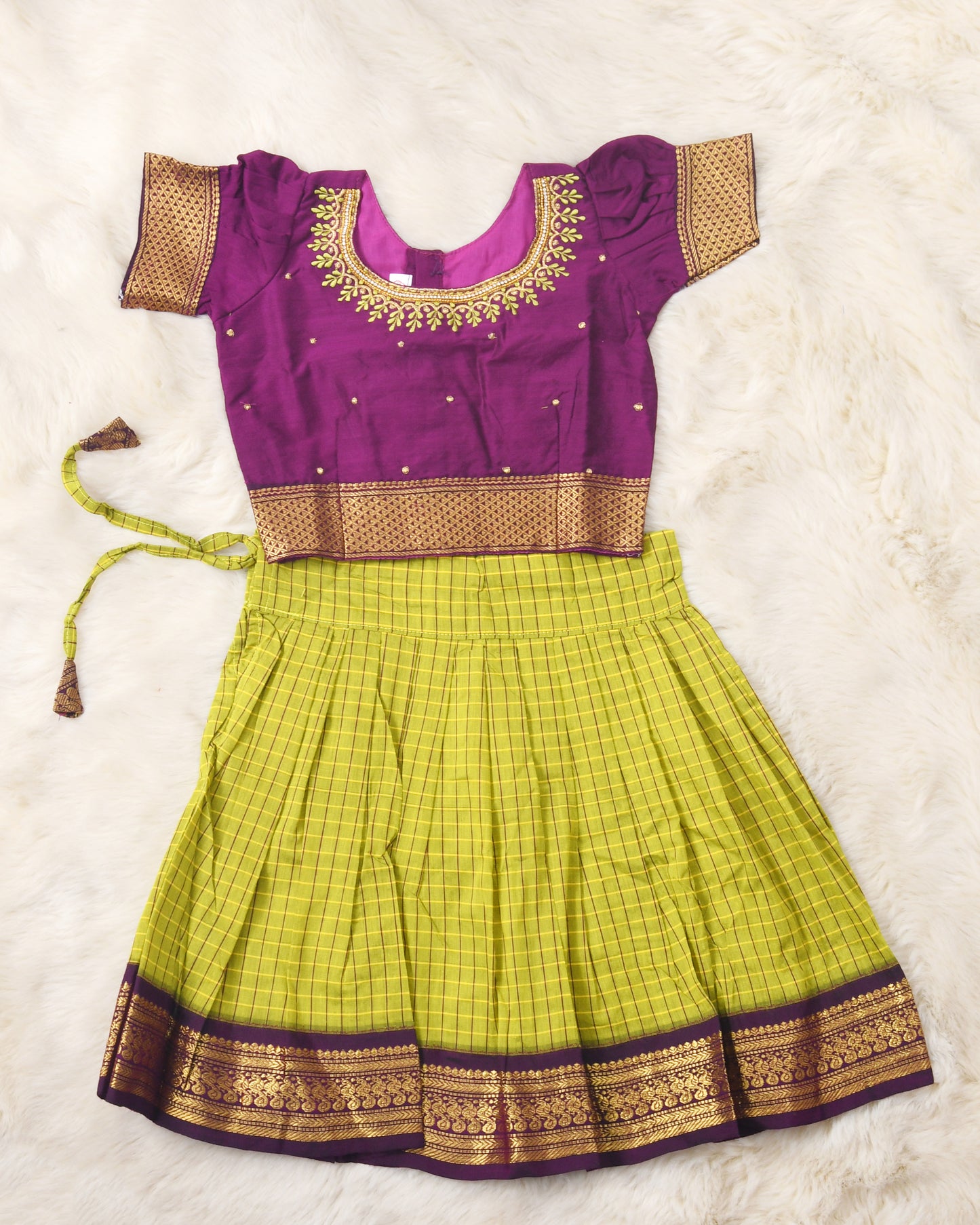 Green and wine traditional checkquered langa blouse embroidered zari border dress for baby girl