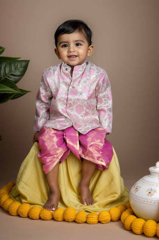 Pastel green with rose pink kurta dhoti ethnic wear for baby boy