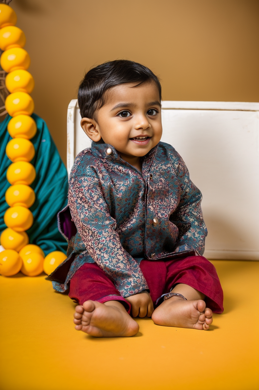 Greyish Blue with maroon thread work kurta and maroon dhoti ethnic wear for baby boy