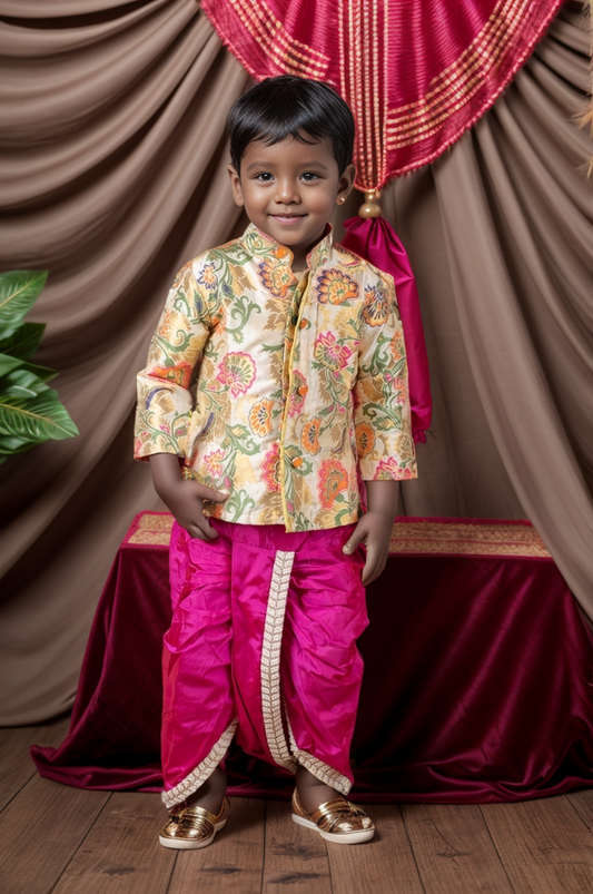 Kalamkari kurta with pink silk dhoti ethnic wear for baby boy