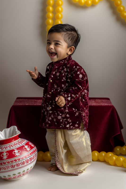 Maroon and Gold Dhoti Ethnic Wear for Baby Boy