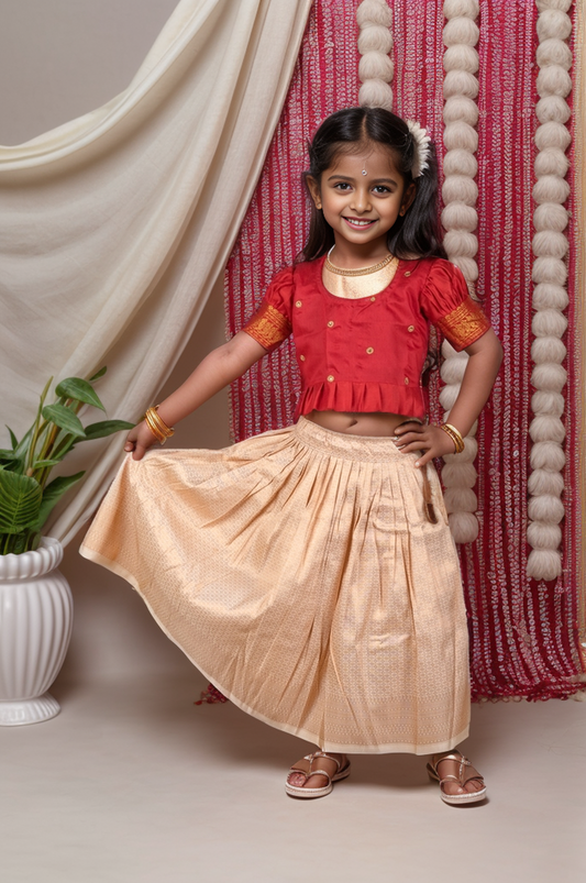 Hot red with cream hand embroidery langa blouse for baby girl
