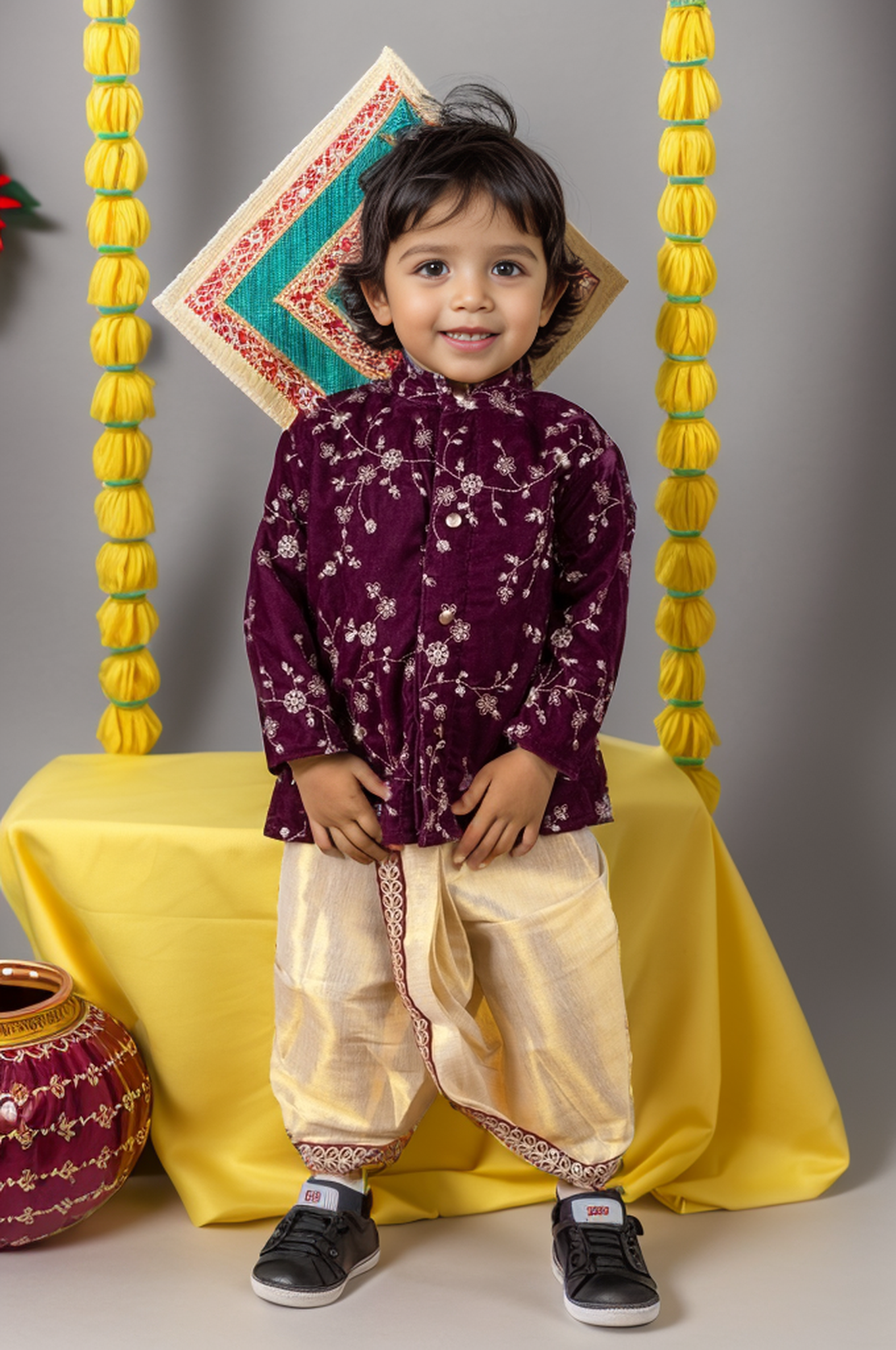 Deep wine velvet and Gold Dhoti Ethnic Wear for Baby Boy