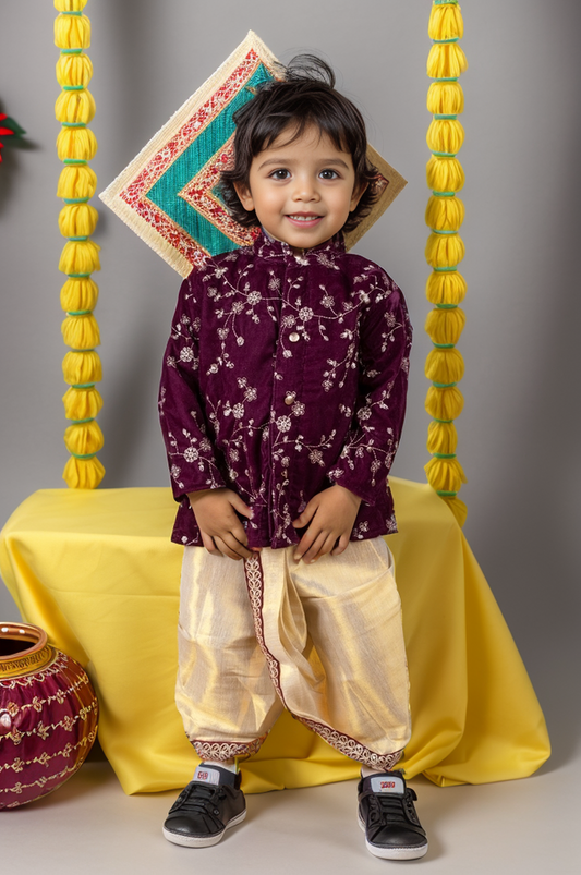Deep wine and Gold Dhoti Ethnic Wear for Baby Boy