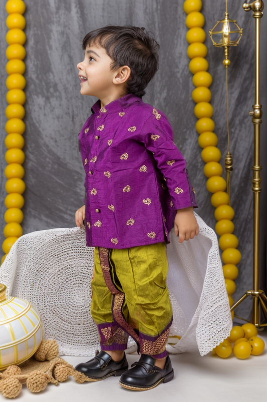 Green and wine embroidered kurta dhoti ethnic dress for baby boy