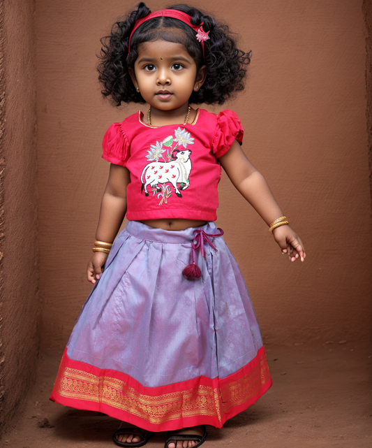 Unicorn and pink | cow embroidery blouse, pattu pavadai, lehenga for baby girl ethnic wear