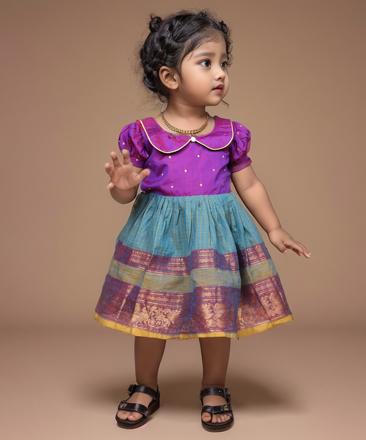 Purple with checked blue (Vintage Collar) - Kanchi Cotton Silk South Indian Ethnic Frock for Baby Girl