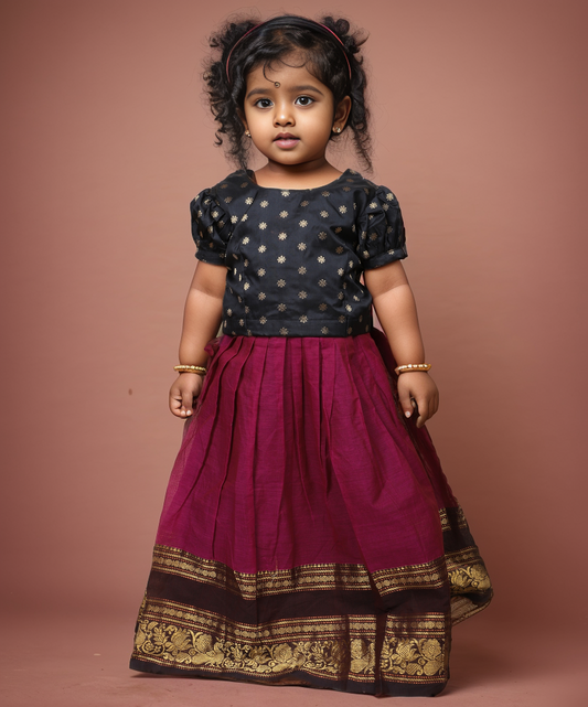 Kali - black and maroon kanchi cotton south Indian ethnic wear langa blouse for baby girl