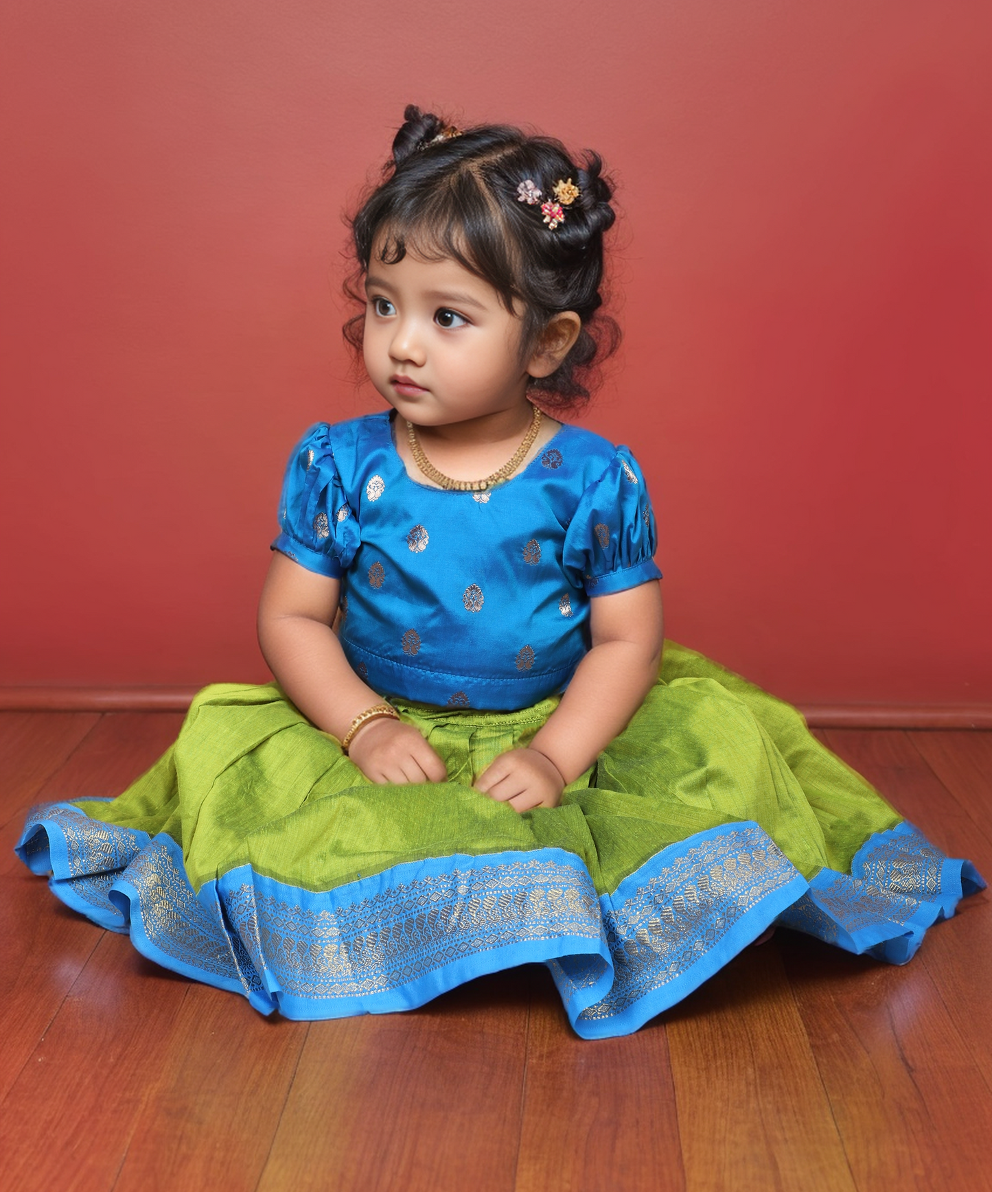 Divya - Sky Blue and nature green kanchi cotton south Indian ethnic wear langa blouse for baby girl