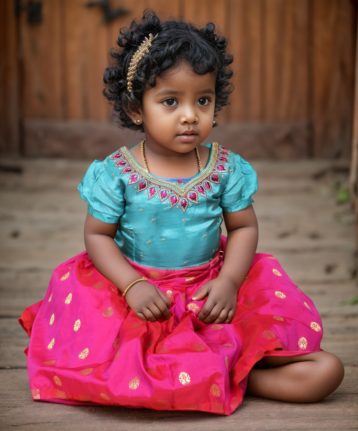 Sky Blue and pink hue silk south indian ethnic wear langa blouse for baby girl