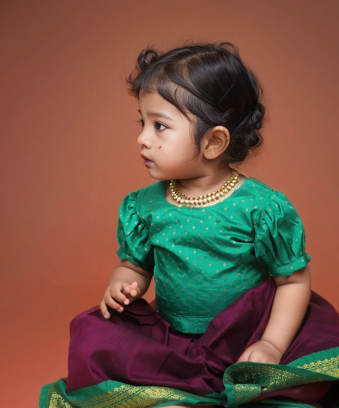 Aashita - wine and green kanchi cotton south Indian ethnic wear langa blouse for baby girl
