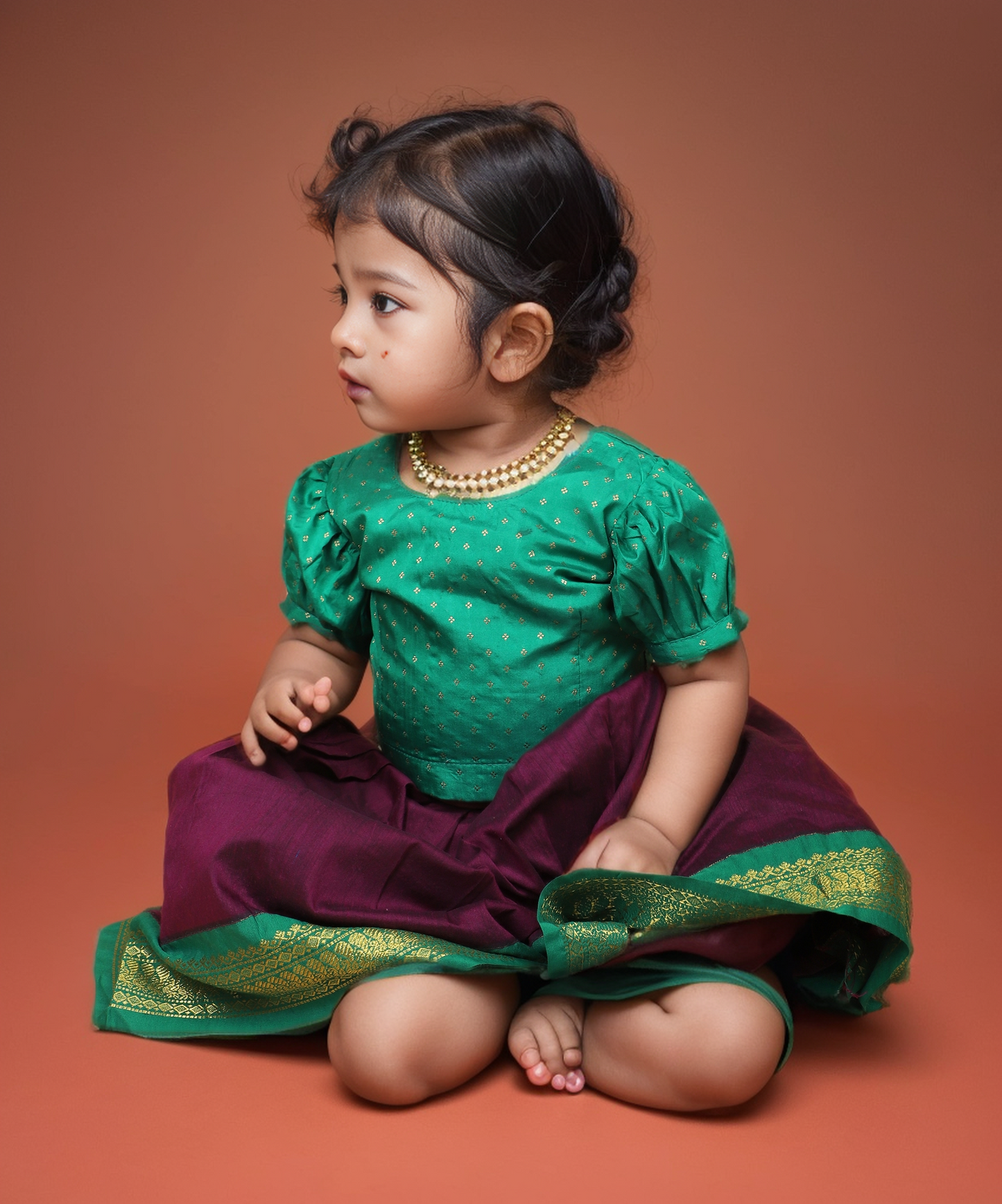 Aashita - wine and green kanchi cotton south Indian ethnic wear langa blouse for baby girl