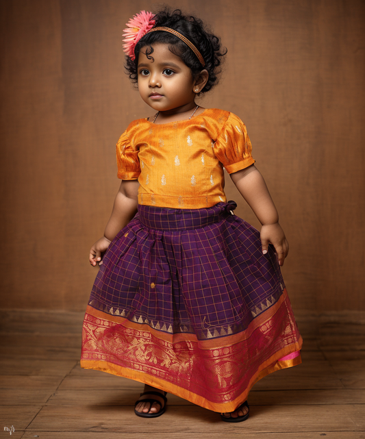 Bhuddhi - Golden yellow and purple kanchi cotton south indian ethnic wear langa blouse for baby girl