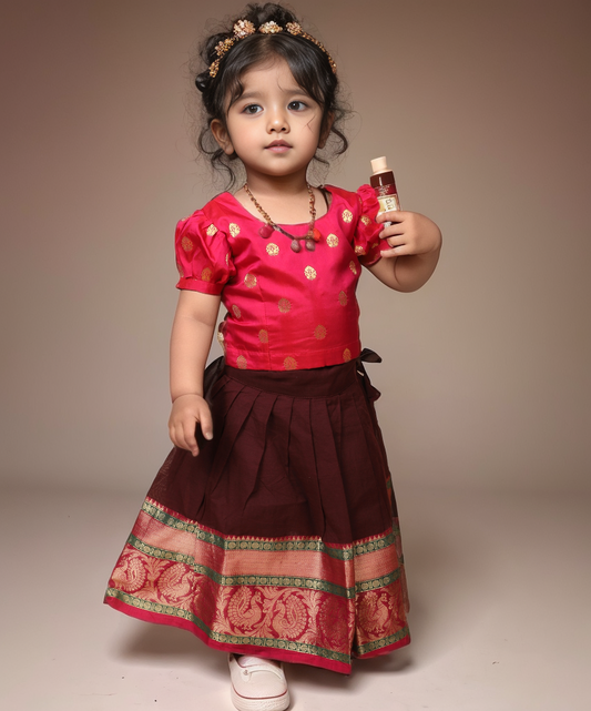 Apsara - pink and brown kanchi cotton south indian ethnic wear langa blouse for baby girl