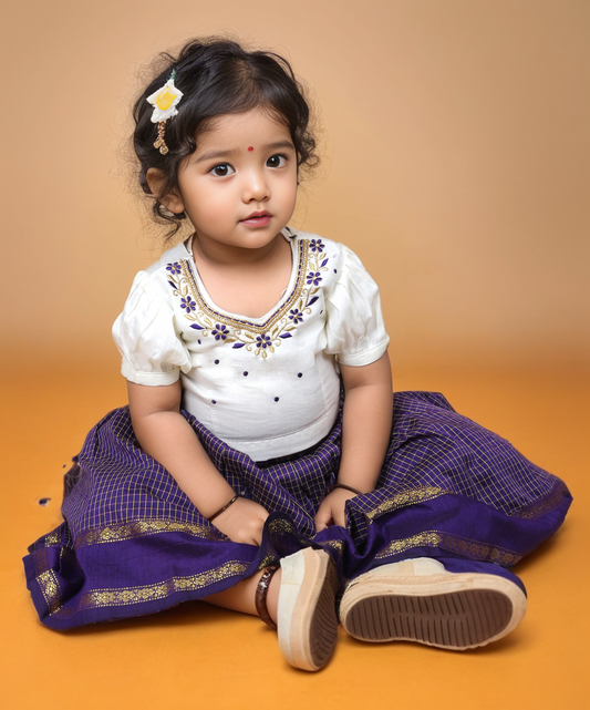 Embroidery white blouse with purple chequered langa zari border / pattu pavadai / lehenga ethnic wear for baby girl