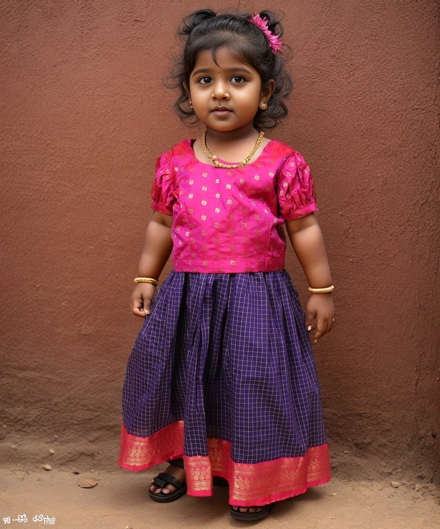 Shaila - Festive pink and navy blue cotton south Indian ethnic wear langa blouse for baby girl