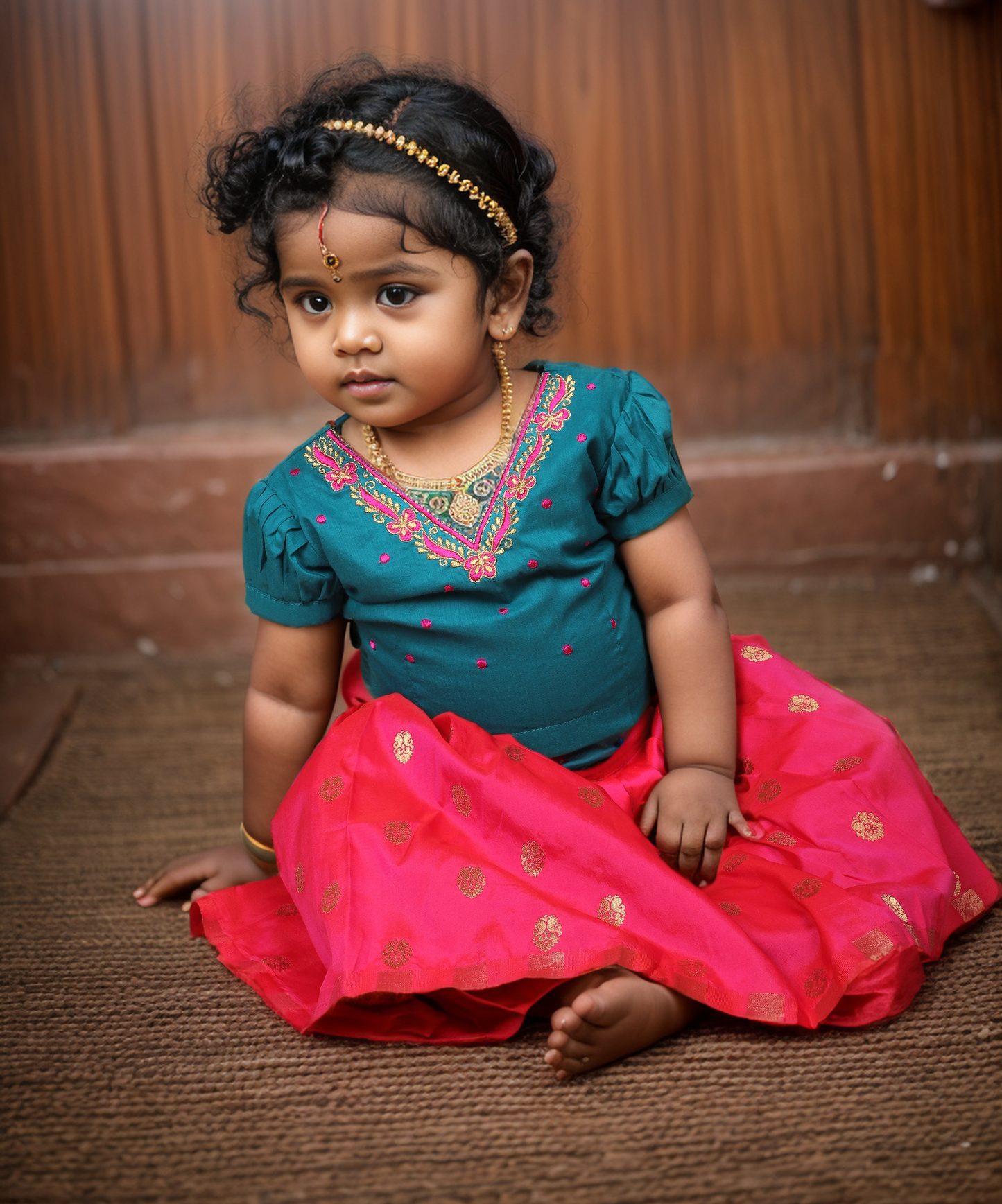 Pink and ananda blue silk south indian ethnic wear langa blouse for baby girl