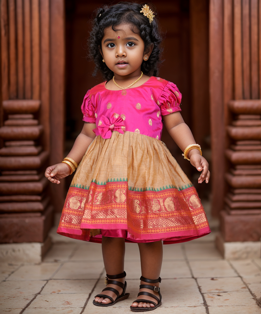 Pink with golden hue (Vintage Bow) - Kanchi Cotton Silk South Indian Ethnic Frock for Baby Girl