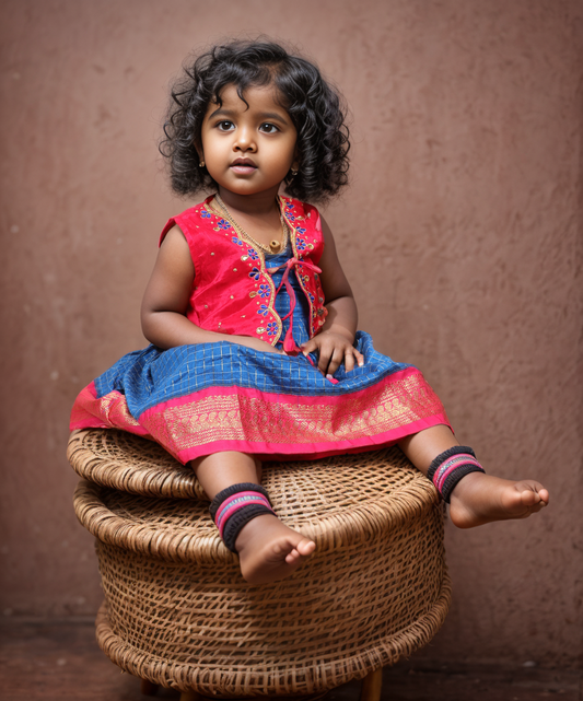 Royal blue and pink sleeveless frock and maggam work embroideried jacket ethnic wear for baby girl