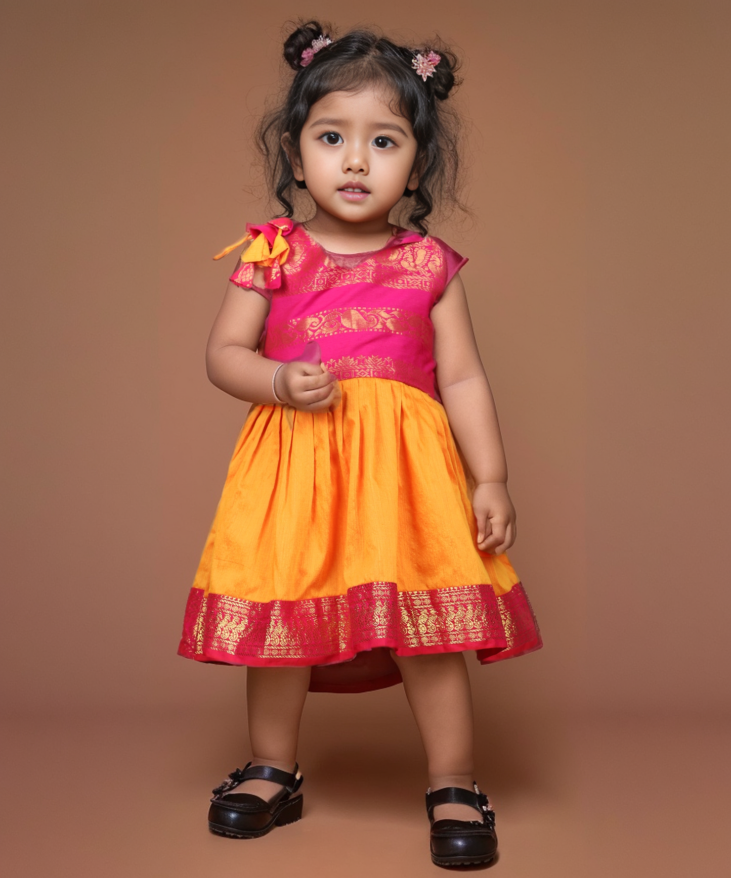 Pink and orange tie up ethnic dress soft kalyani cotton with zari border for baby girl