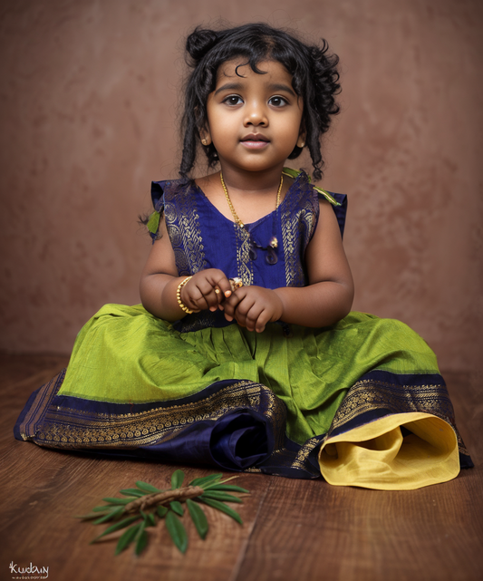 Lime green with Navy blue tie up dress for baby girl, pure raw silk, premium quality (Style 2)