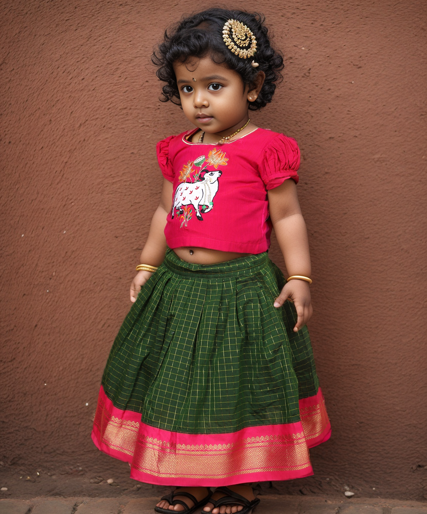 Bottle green with festive pink traditional langa blouse kamadenu cow embroidered zari border ethnic wear pattu pavadai silk for baby girl