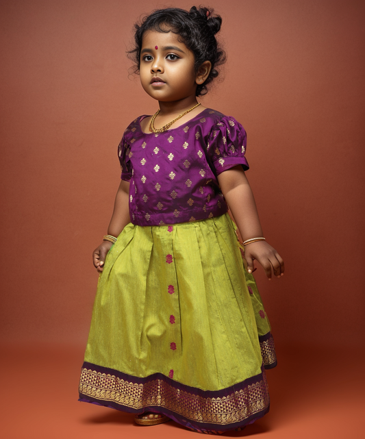 Gayathri - wine and green kanchi cotton south Indian ethnic wear langa blouse for baby girl