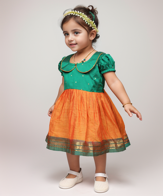 Jungle green with Kesari Orange (Vintage Collar) - Kanchi Cotton Silk South Indian Ethnic Frock for Baby Girl