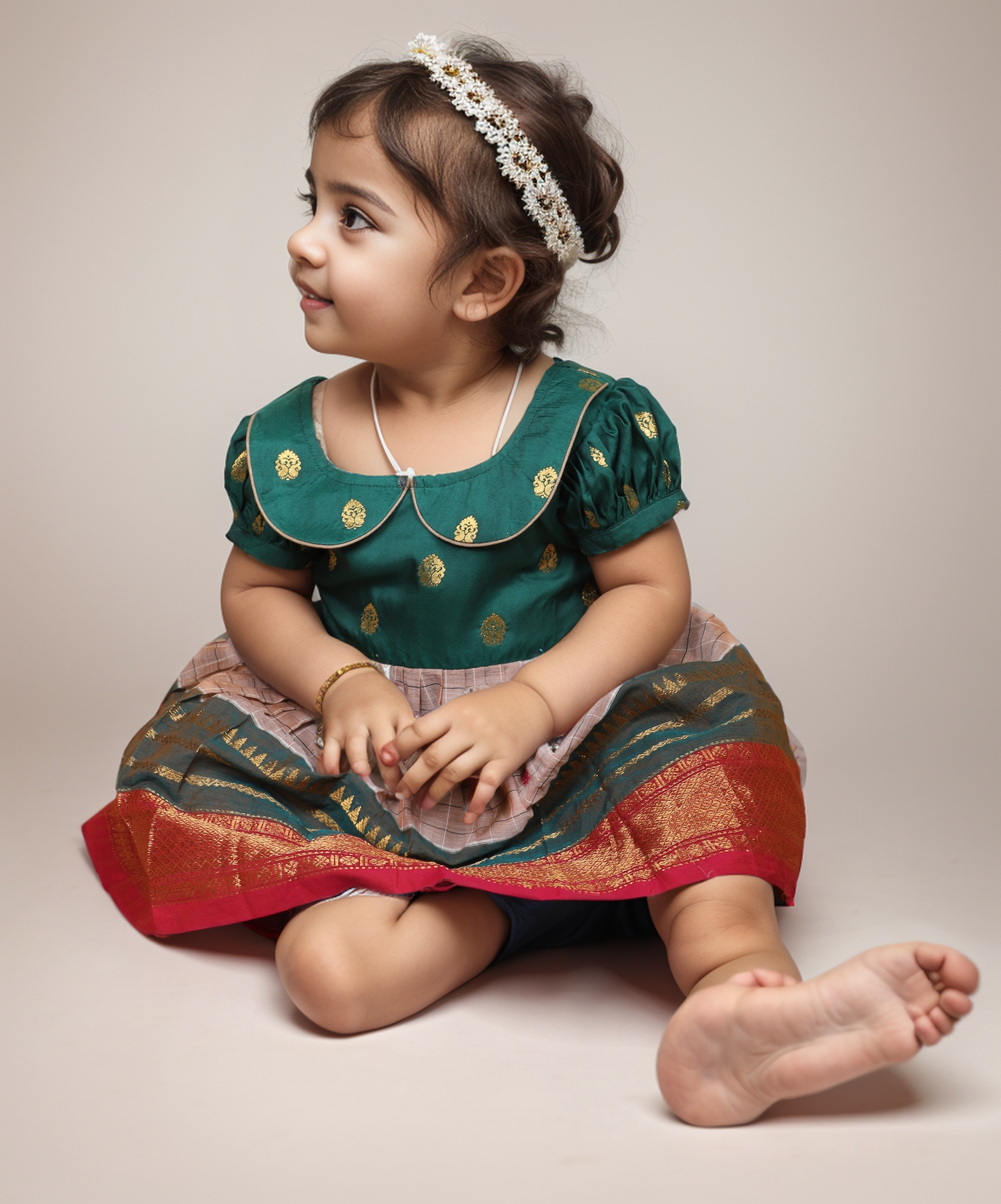 Bottle Green with Salt White (Vintage Collar) Big Border - Cotton Silk South Indian Ethnic Frock for Baby Girl