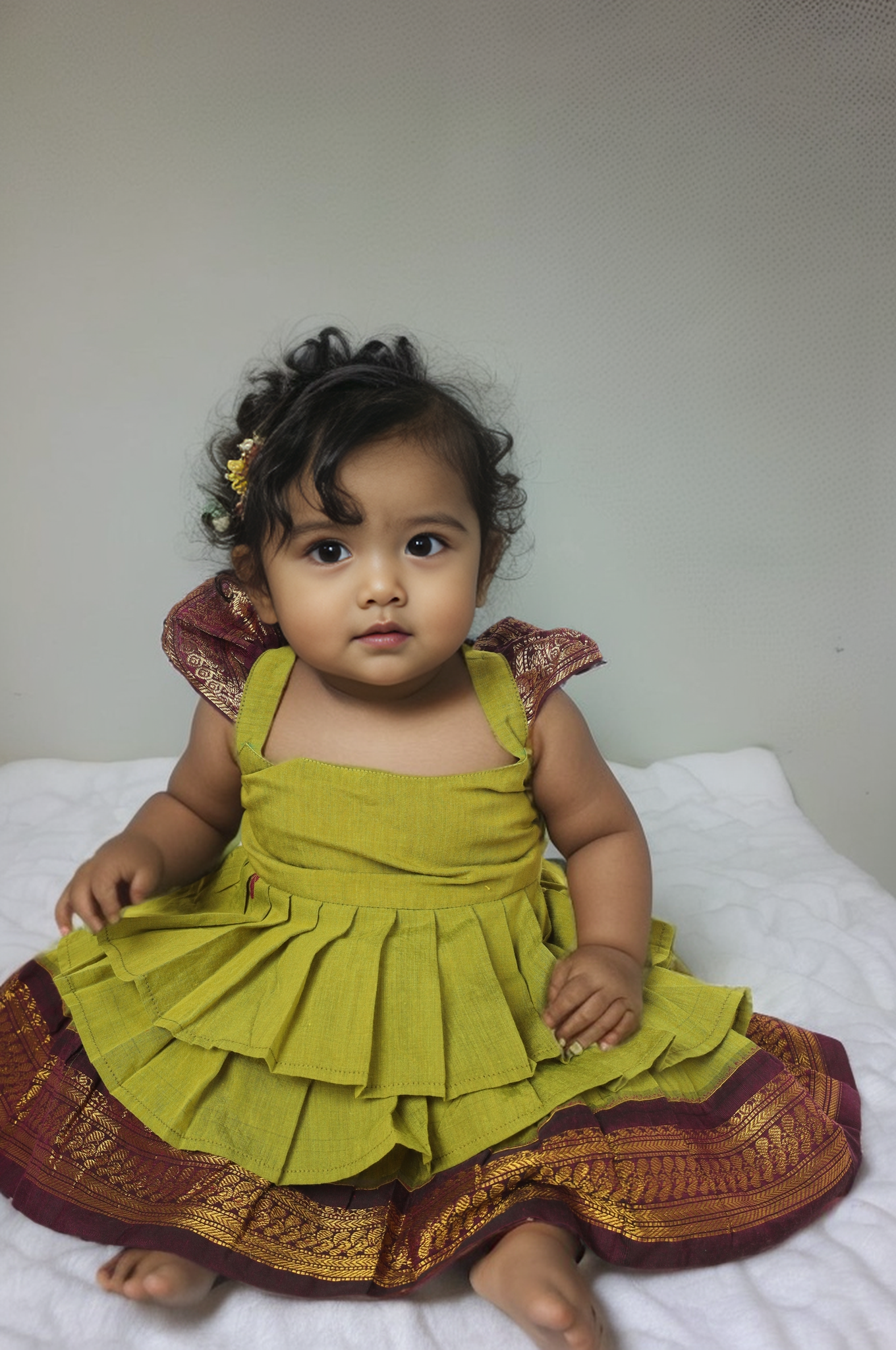 Green with wine - Cotton Silk 3 Layered South Indian Ethnic Frock for Baby Girl