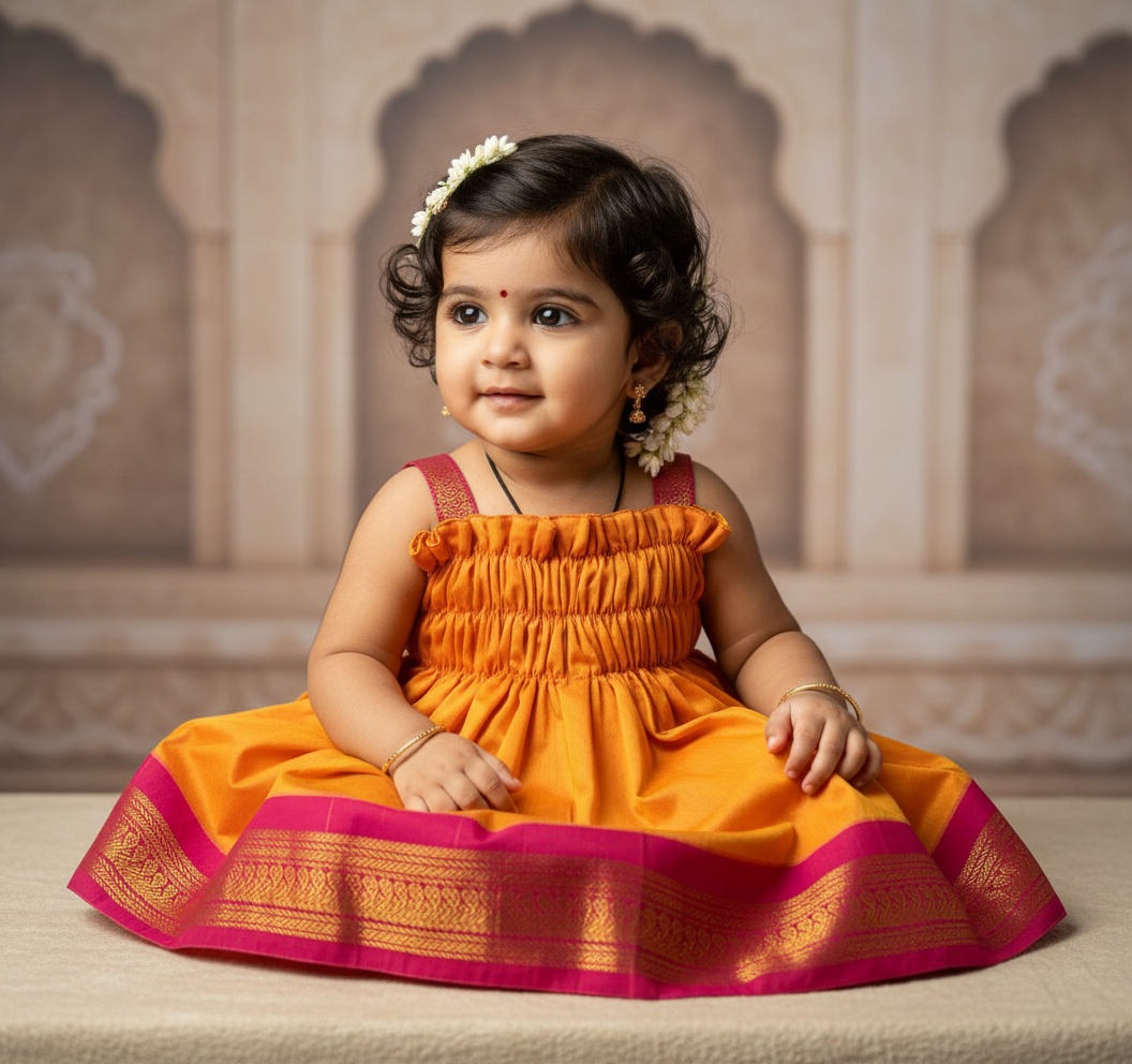 Mango yellow with pink frock South Indian ethnic wear for baby girl