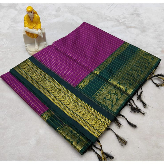 Wine with bottle green Checked - Premium Cotton Silk Saree with Contrast Blouse