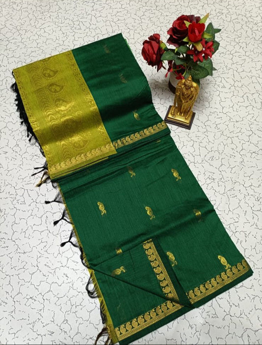 Olive green with bottle green - Premium Cotton Silk Saree with Contrast Blouse