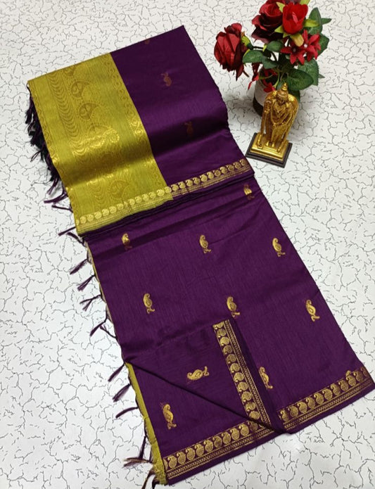 Wine with golden zari border - Premium Cotton Silk Saree with Contrast Blouse