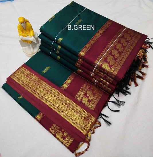 Bottle green with maroon  - Premium Cotton Silk Saree with Contrast Blouse