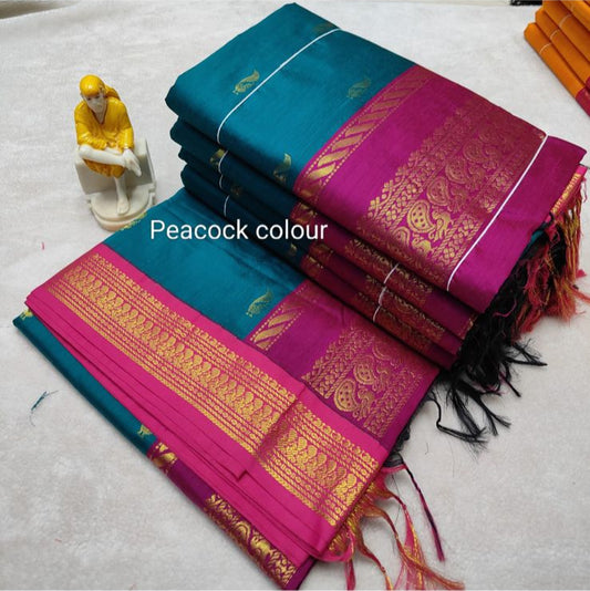 Peacock green with magenta pink - Premium Cotton Silk Saree with Contrast Blouse